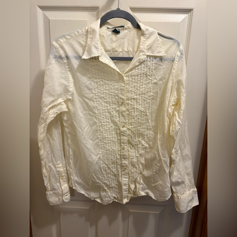 Lauren Ralph Lauren Pale Yellow Pleated Button Down Blouse Cotton Vintage 12